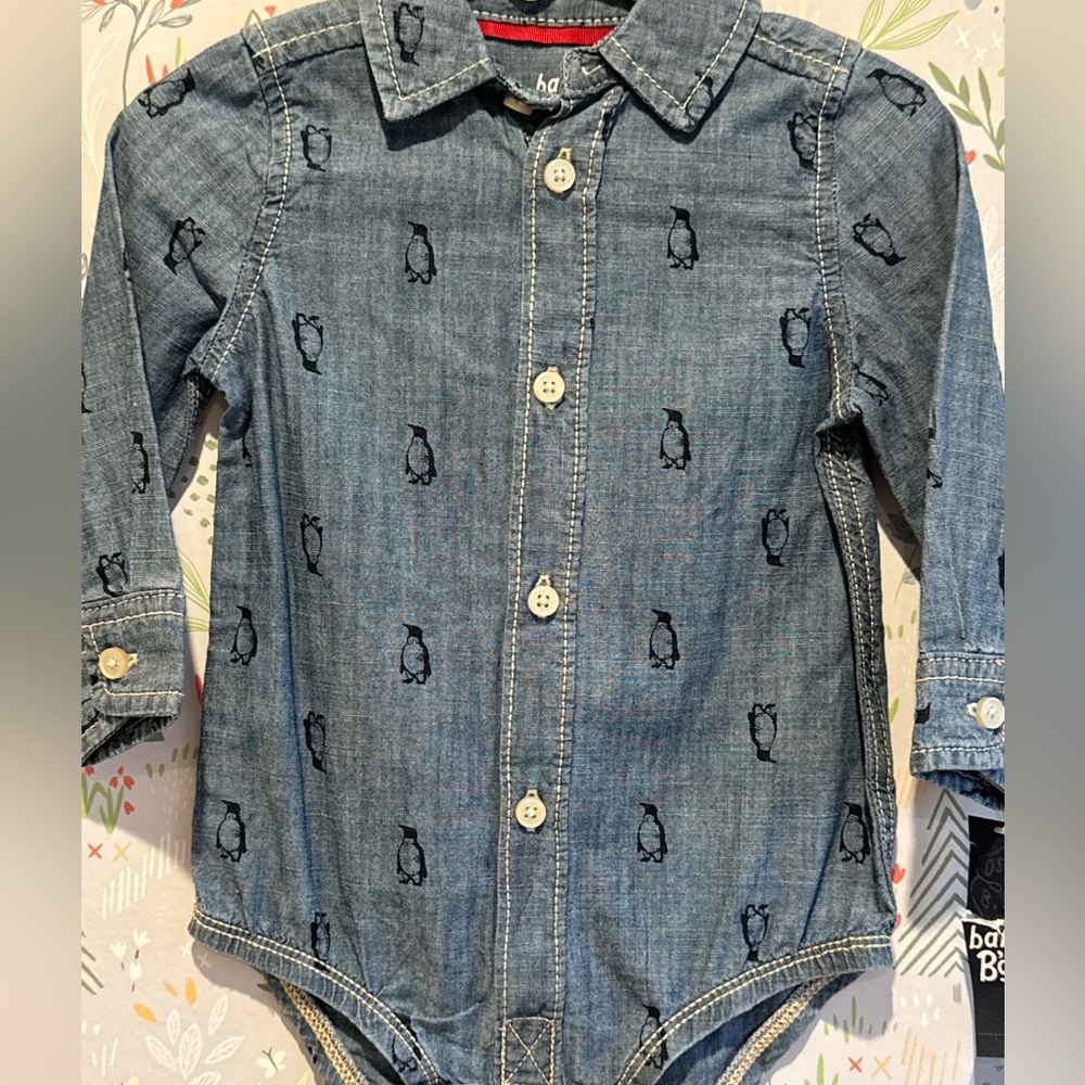 NWT Oshkosh Baby B’gosh Denim Penguin Snap Crotch Button Down Collared Bodysuit